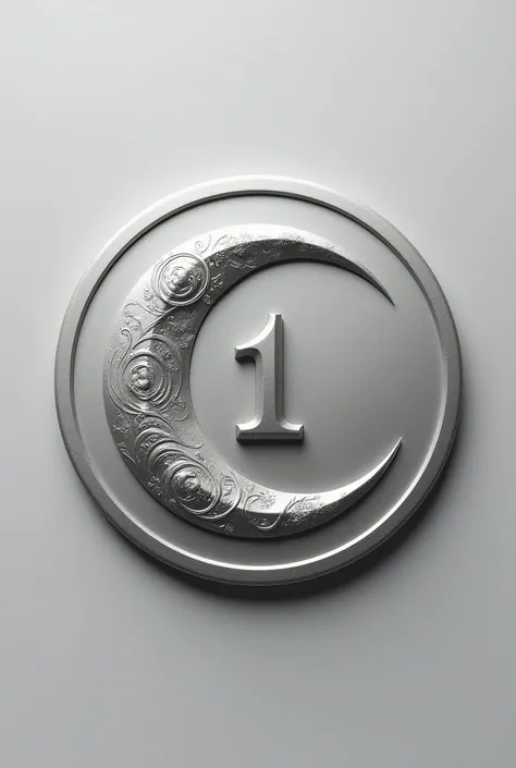  Can you create me a round token with a stylized half moon in the center, in silver tones with marked 1 in the center  