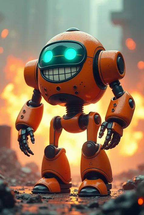 A humanoid battle robot inspired by a retro-futuristic and cartoonish aesthetic. The robot has a rounded torso with a bright orange metallic shell, glowing turquoise eyes, and a broad, toothy grin displayed on a digital face panel. Its arms are bulky and m...