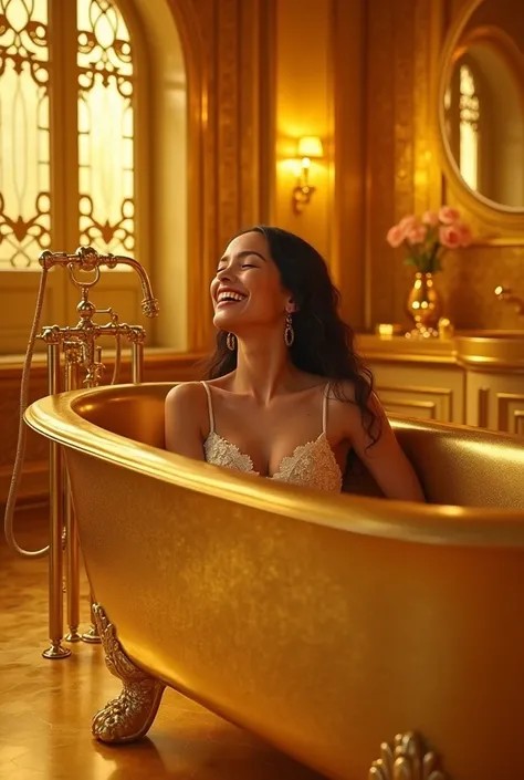  Happy woman in her tub of pure gold, And her house just as made of pure gold 