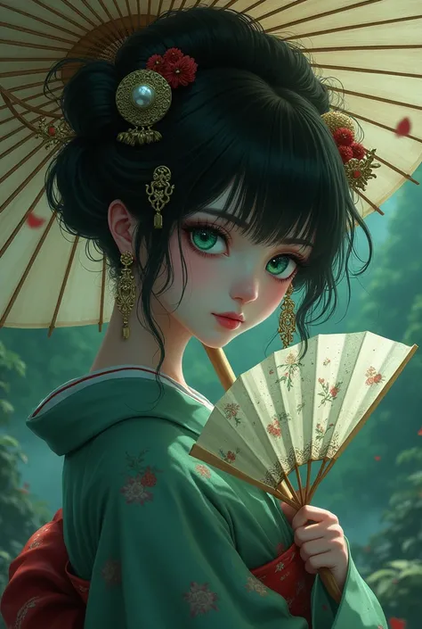 anime Dark-skinned geisha with green eyes and umbrella, fan