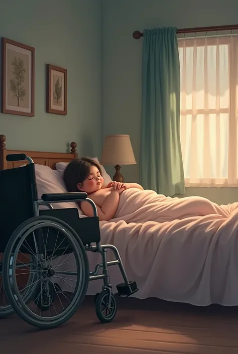 A chubby girl lying on the bed and a wheelchair next to the bed 