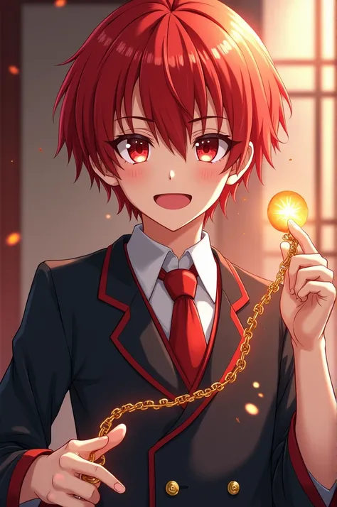 Red-haired anime boy , Ojos rojos,  Japanese uniform at Japanese school with magic