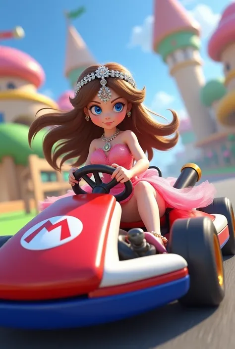 Mario Kart 8 3D girl goes karting with car she wears a pink dress with belt she wears a syllable forehead crown with crystal she has brown hair blue eyes