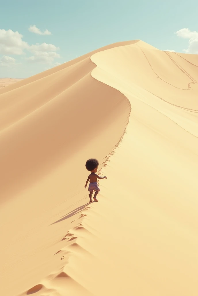 A black four year old  climbing a white sanddune steps leading down to a roundabout motor park 