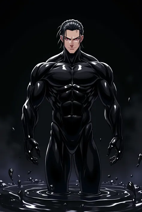 anime character: anime handsome．High image quality. Muscular, Handsome man in a tight black latex suit handsome.asia handsome．black hair．red eye．King of Darkness．hair slicked back.short hair．The background is black, black．black．black．A black liquid with a ...