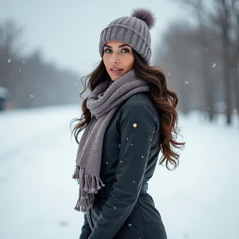 a gorgeous, athletic brunette wearing winter clothing. She is outdoors and the weather is cold. you can see the cold breath as she exhales. The ground is frosty and it is overcast. Her attire is suitable for winter but is sexy. Wearing a scarf and winter h...