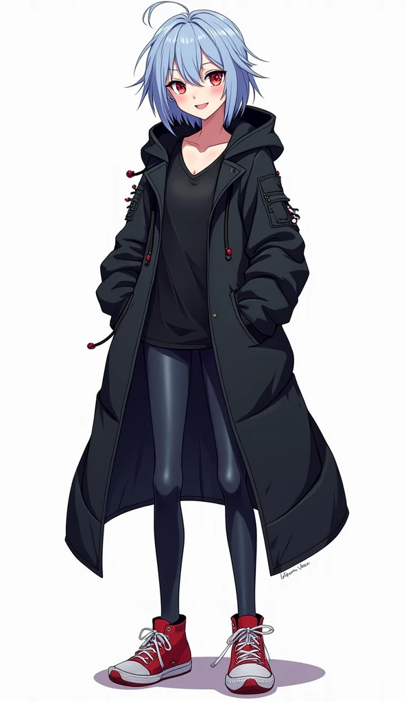 Teenage anime woman has messy light blue medium length hair and large and expressive reddish color and demon smile and with a black hood attached to a long torn black coat and dark V-neck t-shirt with dark-colored tight pants and red sneakers that stand ou...