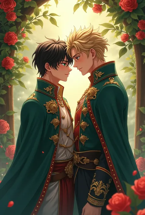  Make an image of Ash Lynch wearing a princes costume, with Eiji Okumura from Temple Boy .  Set in a story of love and drama . 

 Ash has blonde hair and emerald green eyes, is American. 

 Eiji has fluffy black hair ,  brown eyes, is Japanese.
They are tw...