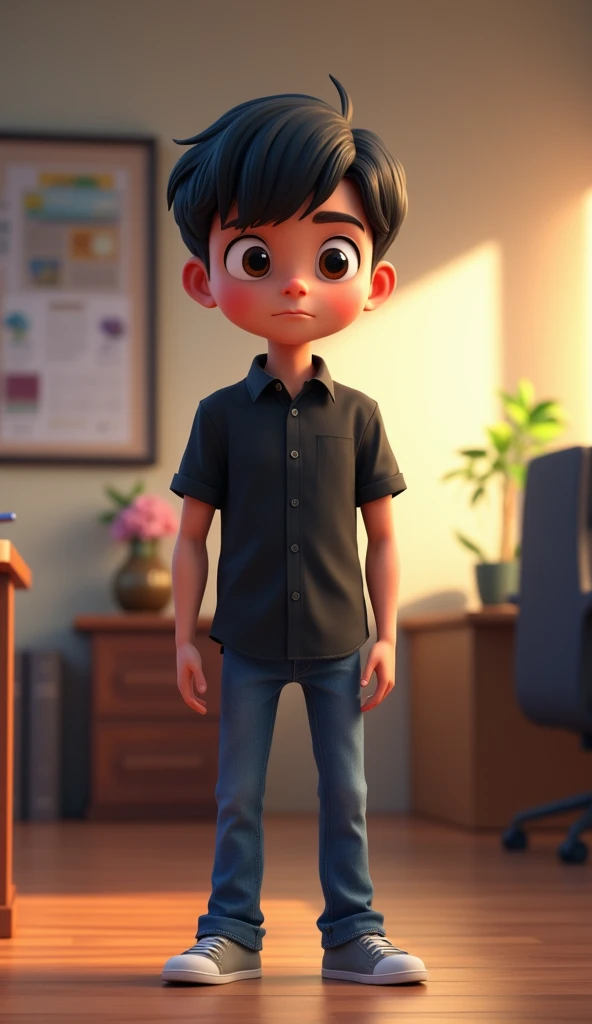 carlos, a man in his 30s, short straight black hair, white, dark brown eyes, thin, blue jeans, black button-up shirt, gray sneakers, head down sadly, in an office, in his bosss office, was fired. (Masterpiece: 1.2, Best Quality), cartoon (Very Detailed CG ...