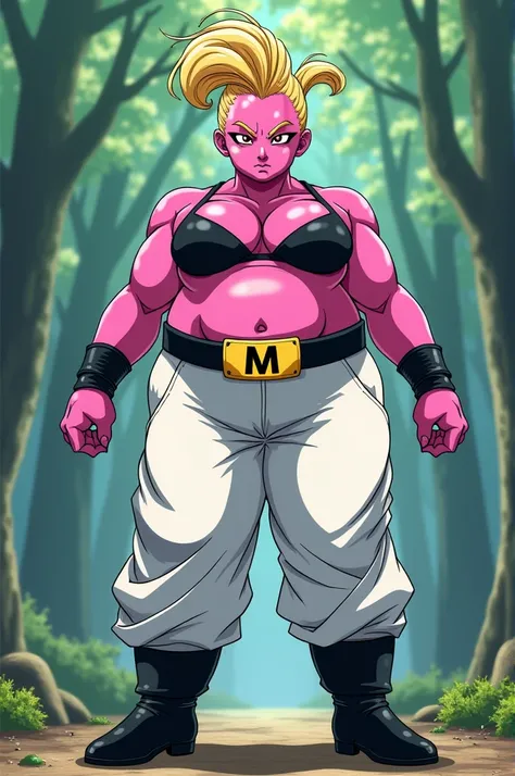  Majin Bu woman with a beautiful figure of EXTREMELY PINK SKIN   ,  black bra,   completely black eyes with red iris and black pupil  ,   pretty WIDE and LOOSE white pants , tight black boots without lacing  , black bracelets,   black girdle with a yellow ...