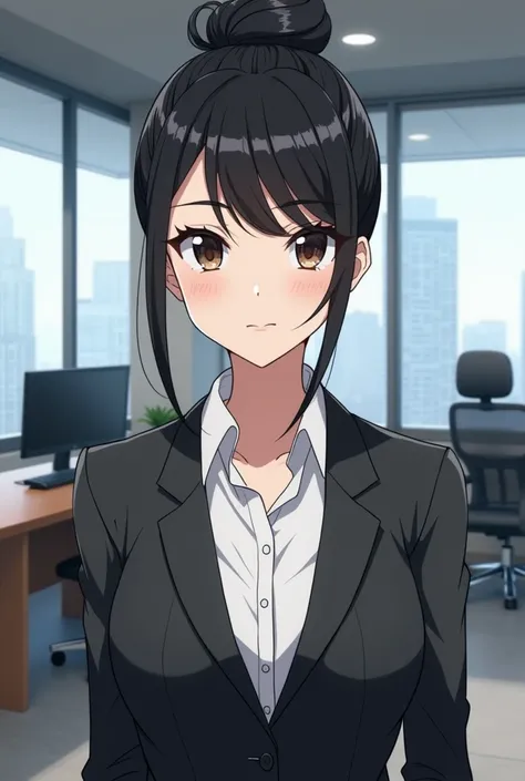   shows a woman with a style inspired by the anime ,  with black hair tied up in an elegant bun with some loose locks framing her face. Her expression is serene and professional ,  with large eyes that convey confidence and determination .

 She is dressed...