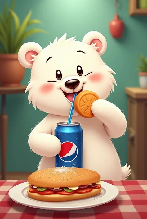 Cartoon White Bear eating Pepsi and eating Venezuelan arepa