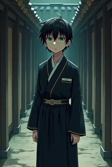 Boy in traditional Japanese funeral home clothes with black hair and green eyes in full body Dangaronpa sprite style 