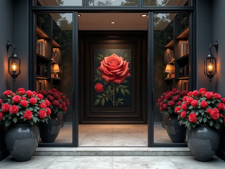 Create an ultra detailed front view image in roberto_ferri+artstation la entrada con puertas de vidrio translusido de color negro claro degradado a una estantes masetas con rosas negras  shelves with color and size black roses,  lamps,  and ((modern painti...