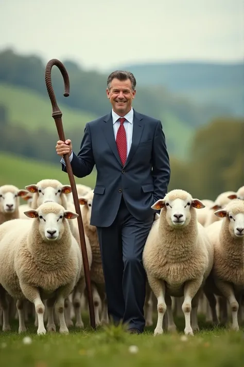 Executive dressed as a shepherd with cheerful sheep 