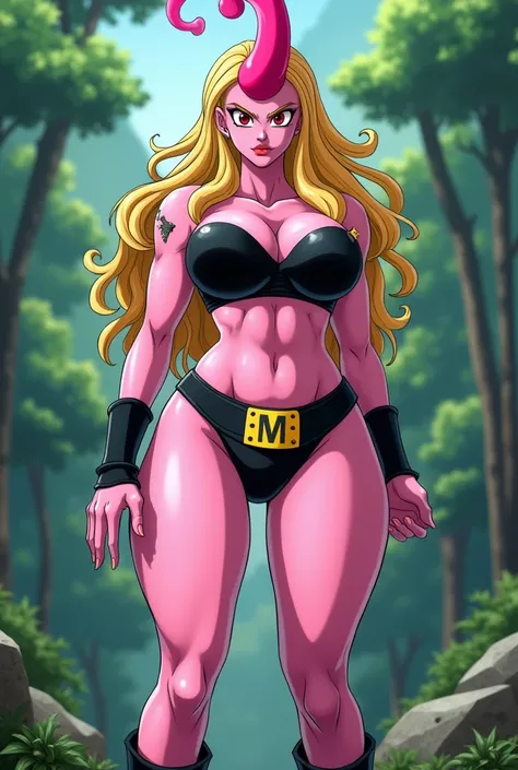  Majin Bu woman with a beautiful figure of EXTREMELY PINK SKIN   ,  black bra,   completely black eyes with red iris and black pupil  ,   pretty WIDE and LOOSE white pants , tight black boots without lacing  , black bracelets,   black girdle with a yellow ...