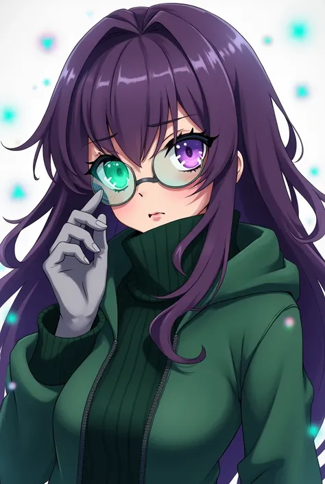 Make a Yough Girl a little bit grumpy,Ultra Magneta Purple Long hair,Very Very Dark Deep Green turtleneck sweater,Green Coat,Gray Gloves,wearing One Eyed green holographic glasses,Anime Style,Her Coat Zipped.No Background