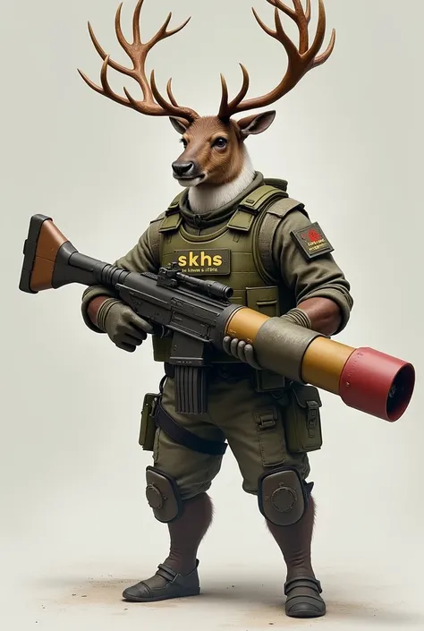 Caribou portant un gilet pare balle avec ecrit "SKHS". Il porte un collier avec les écrit "je taime xFire". Il tiens dans ses mains un lance roquette