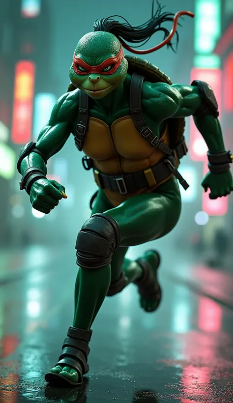 Create the female member of the ninja turtles ,  she is called Sara and she specializes in MMA and is an ultra realistic sprinter create this