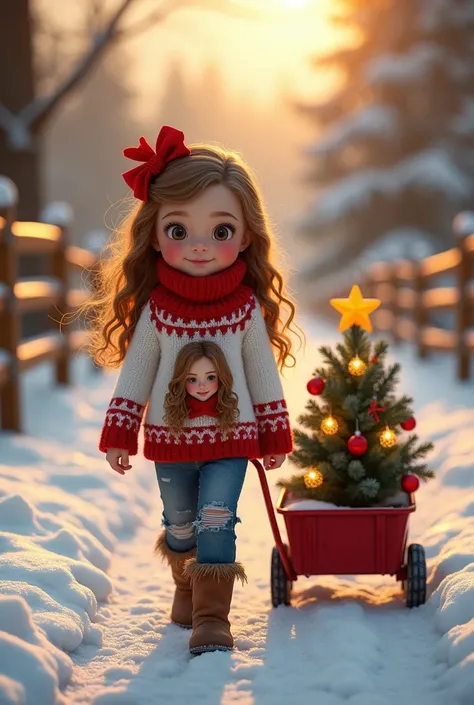  Create an ultra-realistic image of a young girl Girl with oversized, expressive eyes and long wavy light brown hair decorated with a red bow .  She is wearing a Christmas sweater festive white and red knitted with an image of herself combined with ripped ...