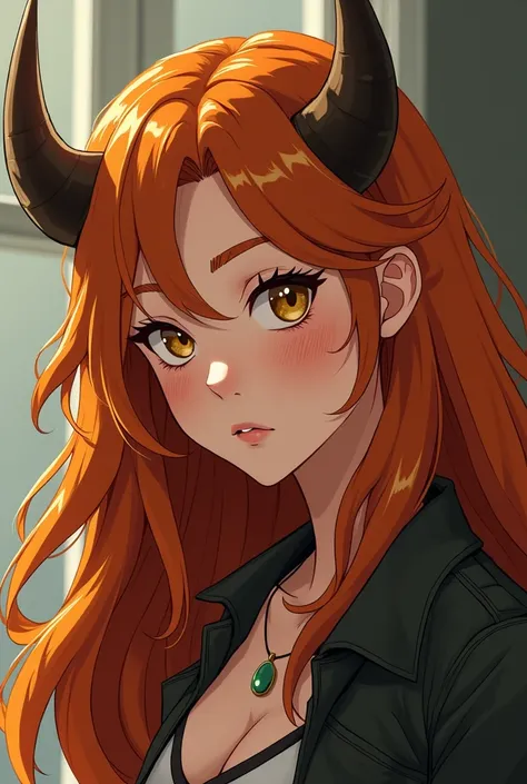 A tuff looking woman with long ginger hair with bull horns froming out of her temples. She has some freckles over her nose and cheeks. With brilliant golden eyes. Shes really strong looking. anime art style