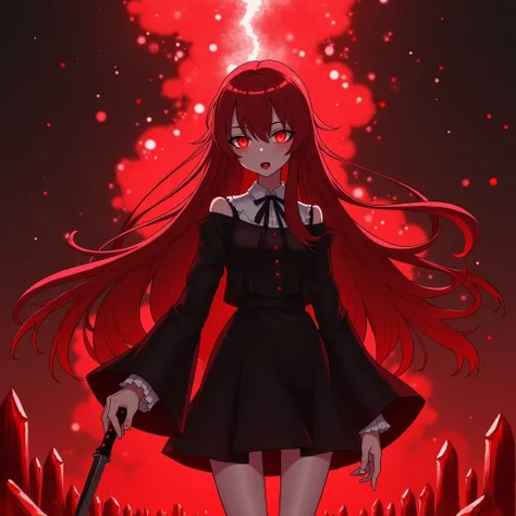 a girl with red flowing long hair,detailed face splattered in blood,beautiful detailed eyes,beautiful detailed lips,extremely detailed eyes and face,long eyelashes,frown,red glowing eyes,black dress,white pantyhose,standing in a red crystal storm, holding ...