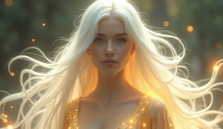 Long, flowing white hair with golden streaks.

Wears a cloak that shimmers with a soft golden light.

Her glowing birthmark shaped like a crescent moon.