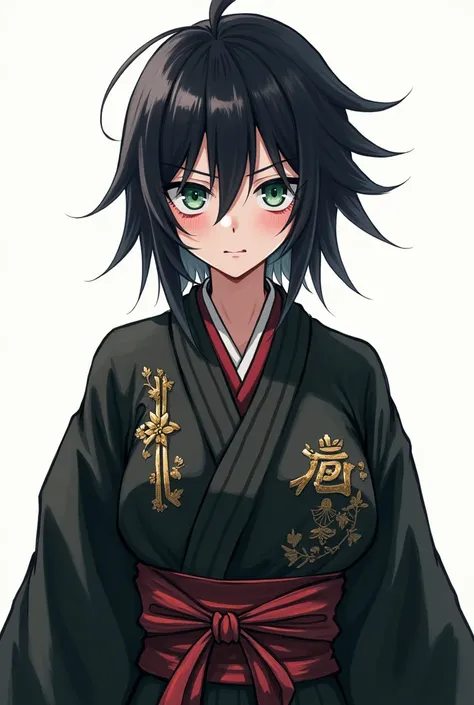 A teenager wearing traditional Japanese funeral home clothes with black hair and green eyes in Dangaronpa style in the style of the game Dangaronpa white background Dangaronpa in Dangaronpa style he is the Ultimate Funerary 