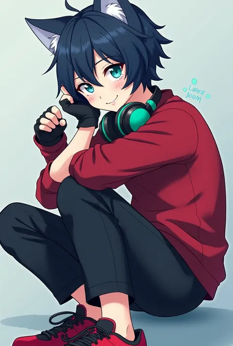 Anime boy in ,  dark blue hair with black highlights and wolf ears,  turquoise eyes red sweater with blue ,  black pants ,  black fingerless gloves,  red and green ,  shoes with headphones around his neck 