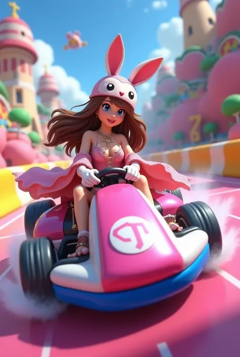 Mario Kart 8 3D girl with pink dress belt and cape has a rabbit mask she has brown hair she drives on a pink car kart 