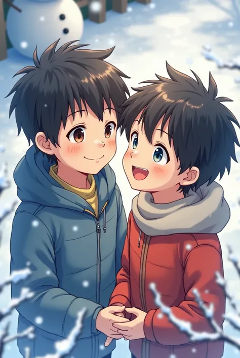 pretty face, two shota, age 15, sibling, japanese anime style, best quality illustration, high Angle, watercolor, one boy is kind and nice, anothey boy is playful and bright, looking forward and smiling, winter, cute, high angle, very detailed, perfect fac...