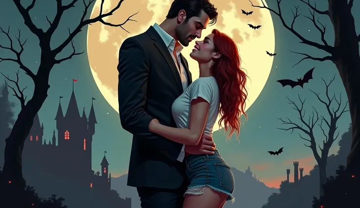 Digital erotic realistic drawing of a 20 year old woman with long wavy red hair, green eyes and a rosy smiling face, dressed in a white T-shirt and ripped denim shorts and white sneakers. Behind her stands a handsome white man - a vampire. (Red eyes, fangs...