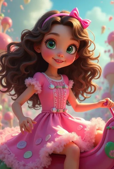 LOL character with brown hair,  long curly hair ,  light green eyes ,  pink dress with candy print, Rides background 