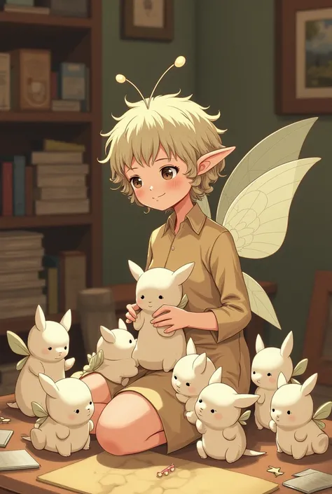 writer with wings and butterfly antennae with short curly hair with 10 little babies around her. studio ghibli style. a baby is on her lap 