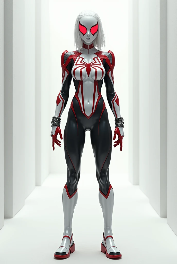 White female masked Spider-Man with red and black details, red eyes and a large spider that runs across the chest, shoulders and waist. in full body. with thick metallic bracelets with vertical divisions and black and red shoe soles. with black shoulders c...