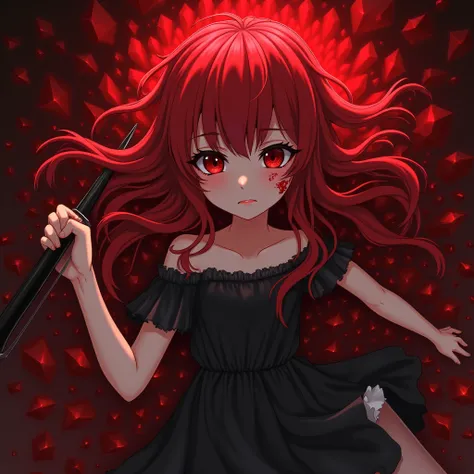 a girl with red flowing long hair,detailed face splattered in blood,beautiful detailed eyes,beautiful detailed lips,extremely detailed eyes and face,long eyelashes,frown,red glowing eyes,black dress,white pantyhose,laying, hugged by a red crystal storm, ho...