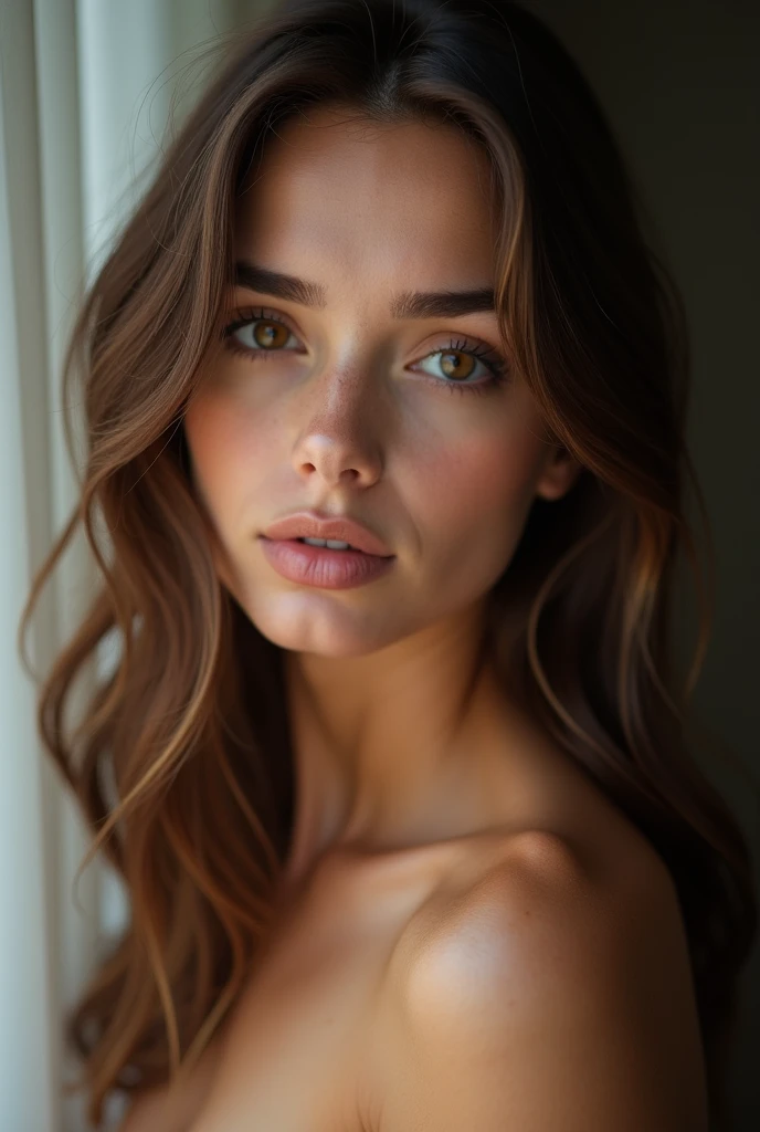  thin brown hair , Beautiful 25-year-old Russian woman,   amber eyes ,  High level of detail, Verism, hyperrealism,,  Cinematic Lighting, Shine, plano general, f/1.2,  Best Quality , Winner Award , 8K,  super detail ,  Ultra high definition , perfect skin,...