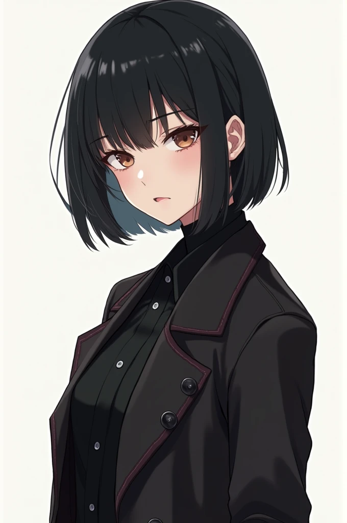  anime style :  a girl with jet black hair short to her shoulder,  apathetic expression,  small breast , wide hips and wearing an elegant overcoat .