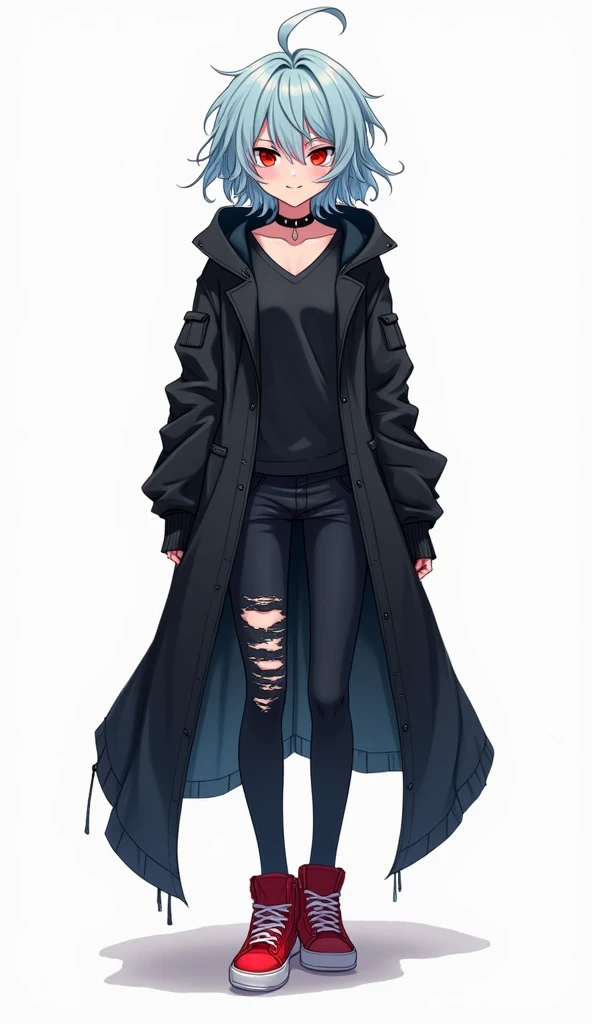 Teenage anime woman has messy light blue medium length hair and large and expressive reddish color and demon smile and with a black hood attached to a long torn black coat and dark V-neck t-shirt with dark-colored tight pants and red sneakers that stand ou...