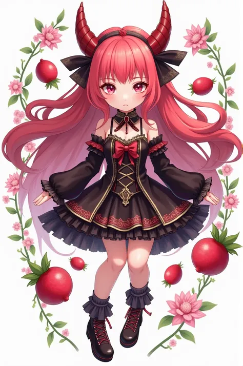 1girl, lychee and dragon fruit themed, pinkish red hair, floating, devious face,  majestic, over delicated clothes, dark hair, long hair, full body, character sheet, light eyelashes, delicate and beautiful girl, anime face and eyes,beautiful face, complex ...