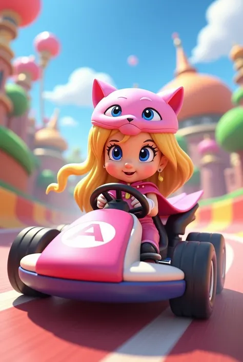 Mario Kart 8 3D girl with blond hair wears a pink cat mask she wears a pink dress with cape she drives a pink kart with an A sign on it