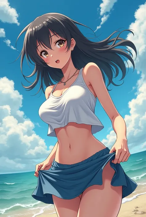 Pretty girl getting her short skirt and baggy crop top blown up in a windstorm, large breasts, Anime, High Quality