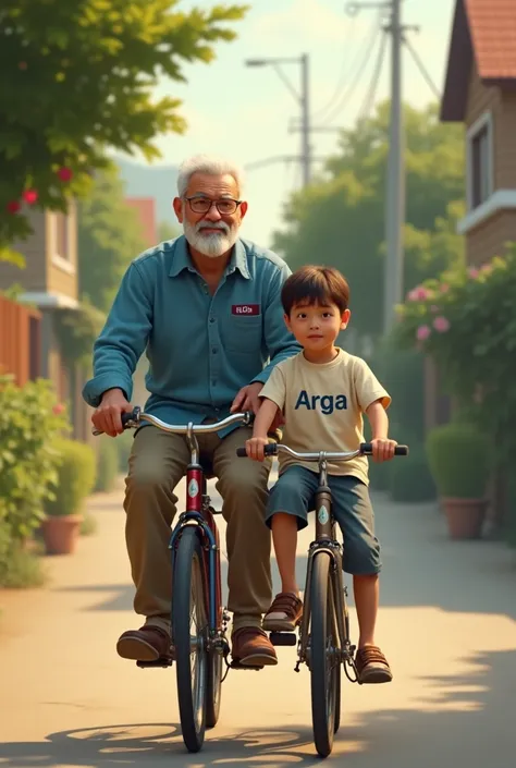 A father wears a blue corduroy shirt

A father wearing a blue shirt bearing Udins name was riding a bicycle with a boy wearing a T-shirt bearing the words “Arga”