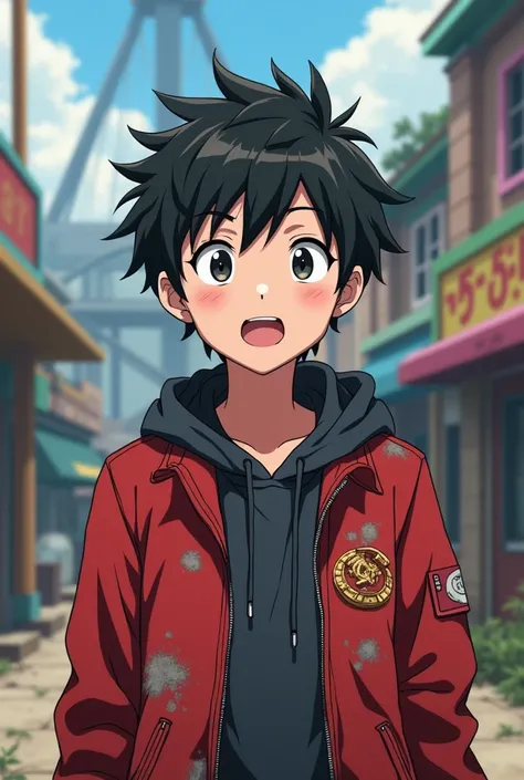 18-year-old black-haired boy smiling with a nervous laugh, anime and an amusement park in the background: Abandoned and red jacket.