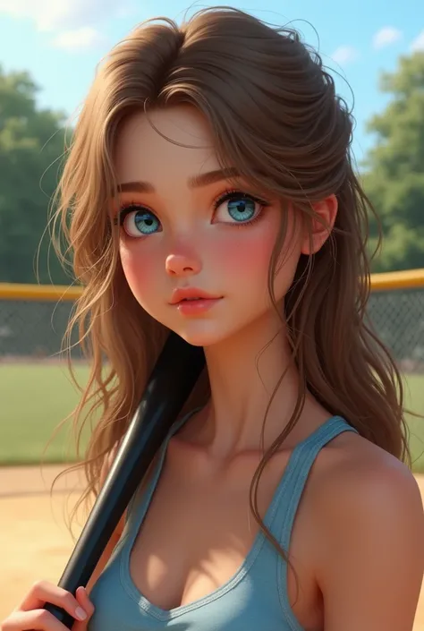  A realistic beautiful teen girl with ocean blue eyed and light brown hair to sholders with layers and frekles,Blush, Makeup, Light Blush, plays softball