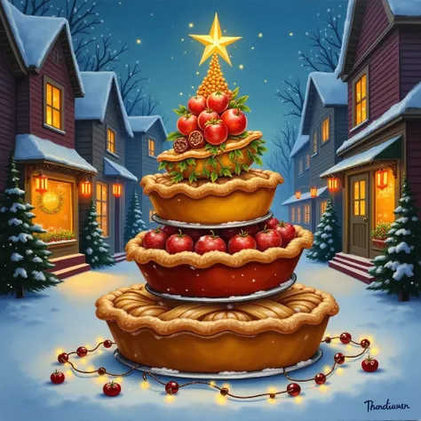 airbrushed oil painting, a fun, whimsical stack of different types of pies—pumpkin, apple, pecan—stacked like a Christmas tree, with each pie adorned with a different festive decoration and with strings lights, Background: A snowy illuminated village stree...