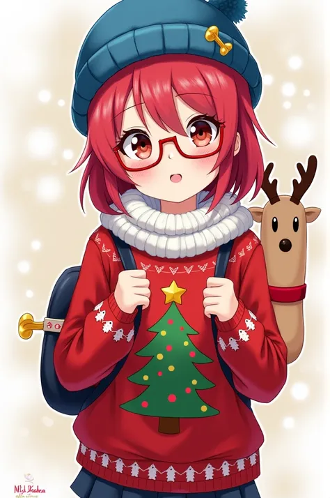 an anime girl : wearing a blue velvet hat ,red glasses,Red hair, a red Christmas sweater with a pine tree in the middle,a reindeer backpack 