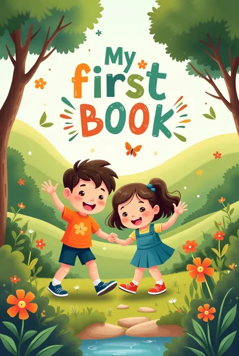 Illustrate a book called , my first book and where a boy and a girl play in nature with numbers and letters