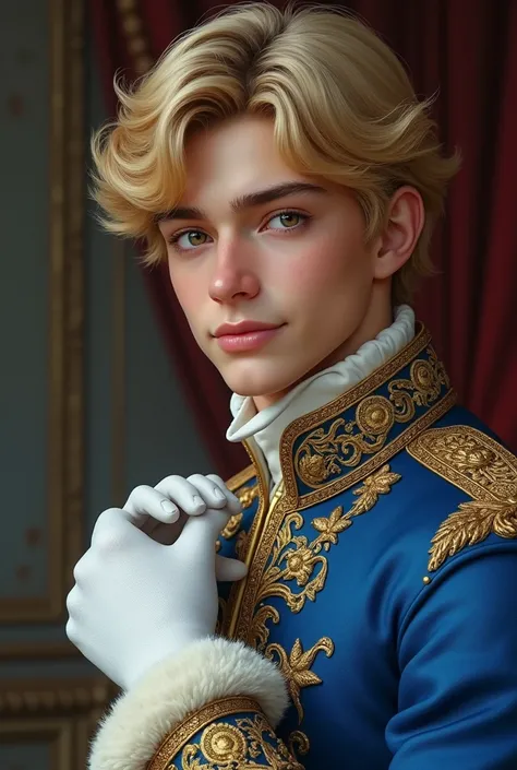  A young king of 24 years old with short blond and wavy hair , thin nose , pretty smile and mischievous hazel eyes .  dressed in Russian royal dress in shades of blue and gold.  With white gloves that cover his hands .