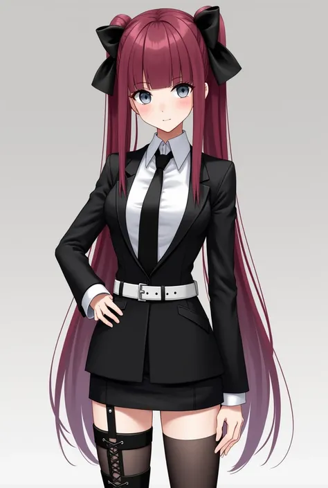 slim girl with burgundy hair up to her hips , gathered into two ponytails,  tied with two black ribbons ,  over her eyes with square bangs , hanging .  She has gray-blue eyes and long legs .  She wears a black suit with a white shirt with a high collar,  a...